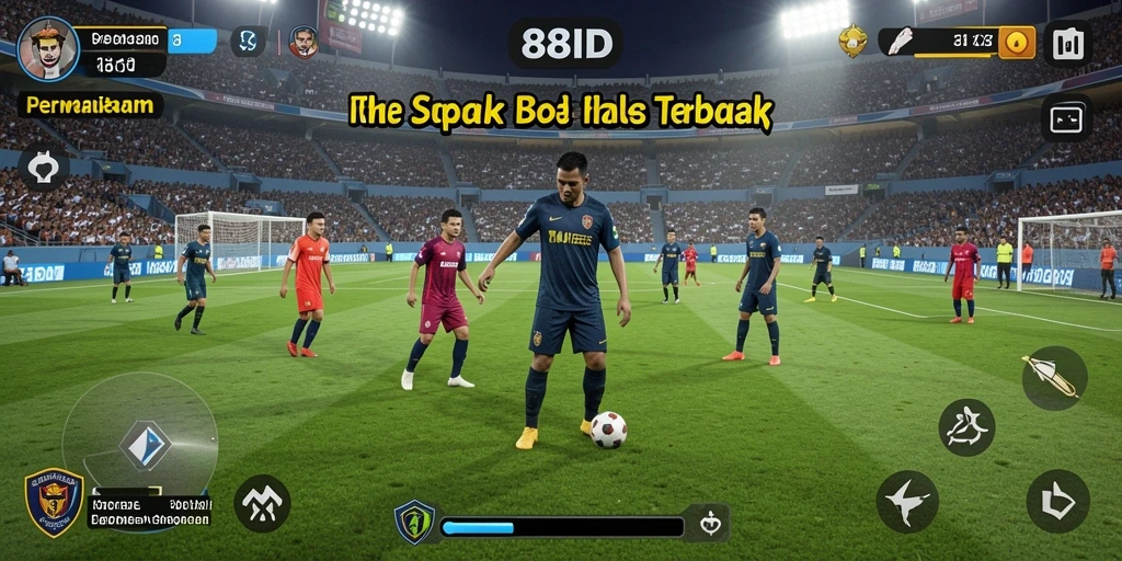 Screenshot utama menunjukkan aksi seru dalam pertandingan sepak bola.