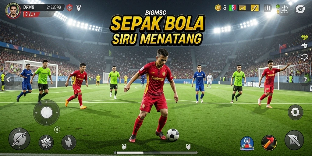 Tampilan gameplay utama BIGMSG dengan aksi sepak bola yang mendebarkan.