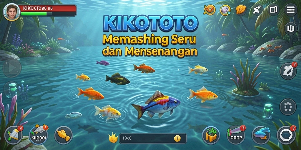 Tampilan gameplay menarik dari KIKOTOTO dengan berbagai ikan yang bisa ditangkap.