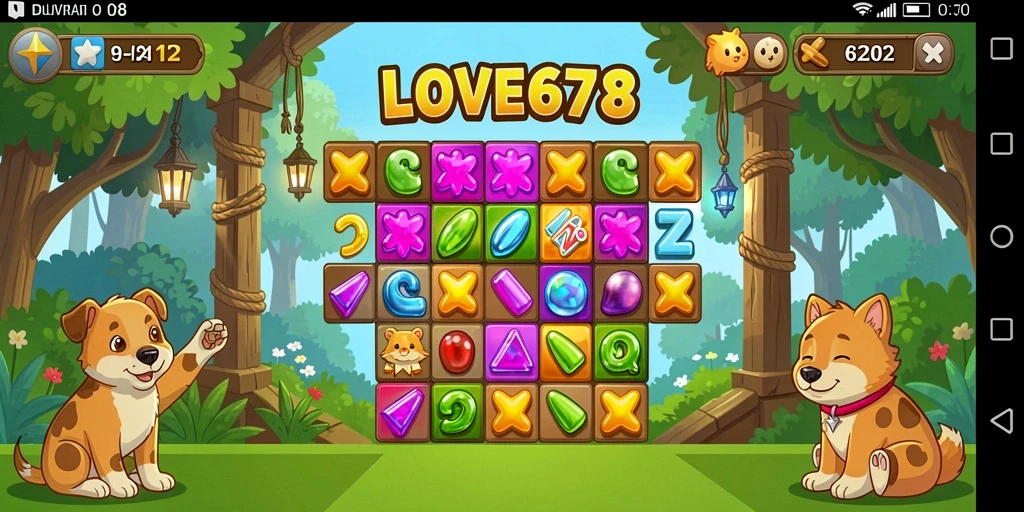 Tampilan gameplay <strong>LOVE678</strong> dengan berbagai permata berwarna-warni dan tantangan seru.