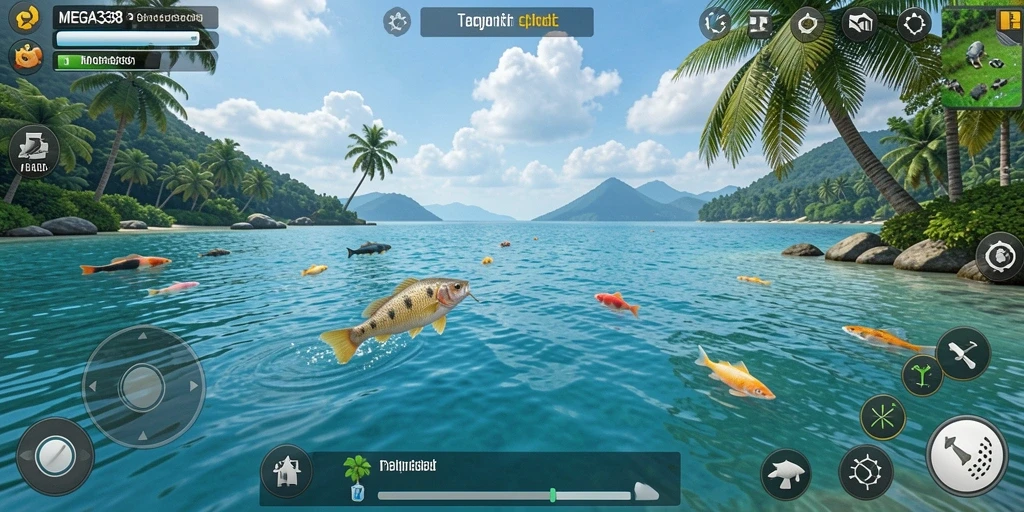 Screenshot utama MEGA338 memperlihatkan tampilan menakjubkan saat menangkap ikan.