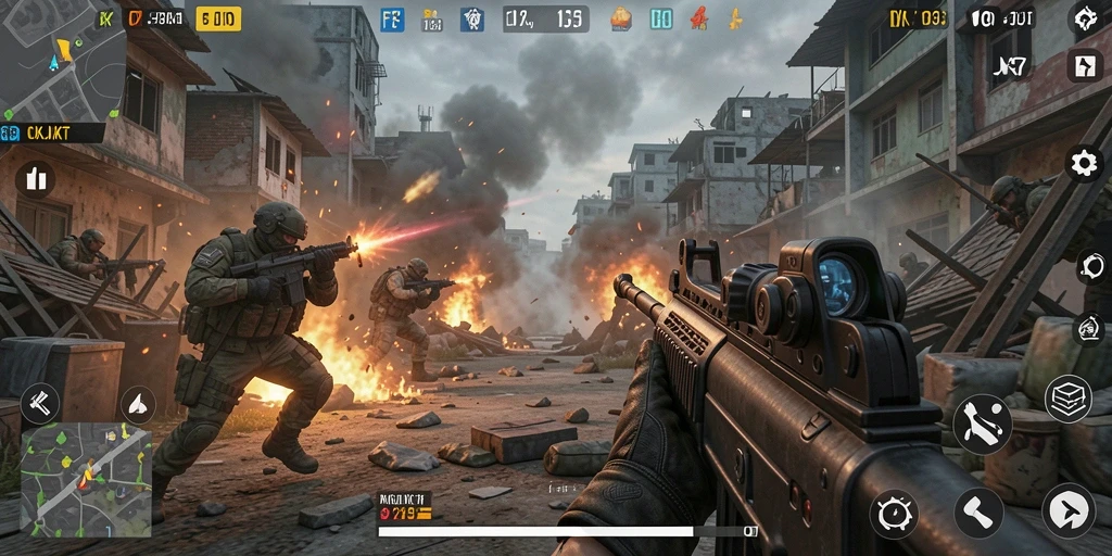Screenshot utama OKJKT menampilkan aksi gameplay FPS yang intens.