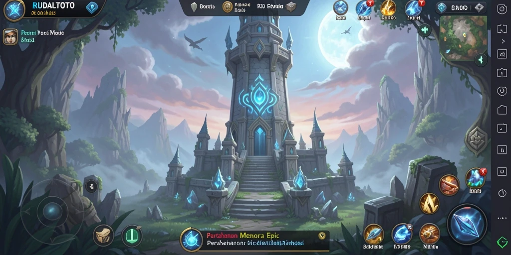 Screenshot dari gameplay RUDALTOTO yang menunjukkan menara bertahan melawan musuh.