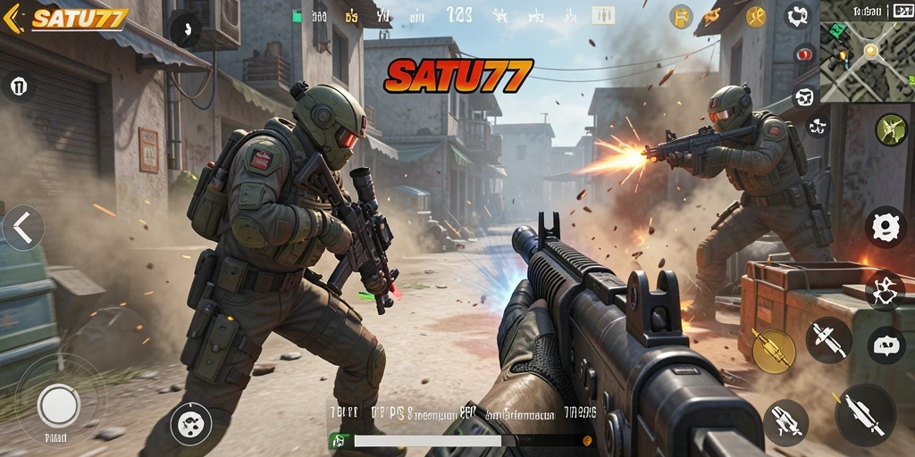 Screenshot gameplay SATU77 dengan aksi tembak-menembak yang intens.