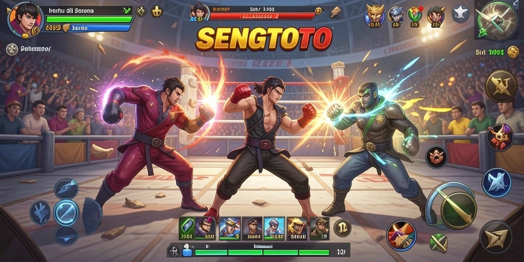 Screenshot SENGTOTO menunjukkan karakter bertarung di arena yang mendebarkan.
