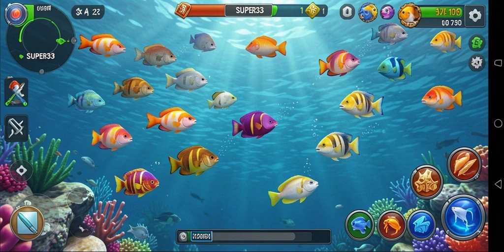 Screenshot gameplay SUPER33 menampilkan aksi seru menangkap ikan.