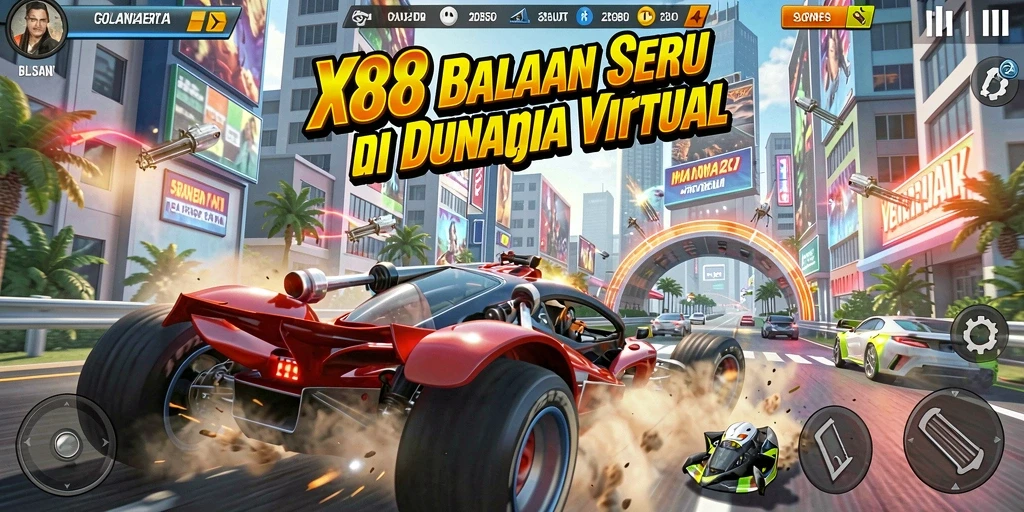 Screenshot gameplay X88 menampilkan aksi balapan yang mendebarkan.
